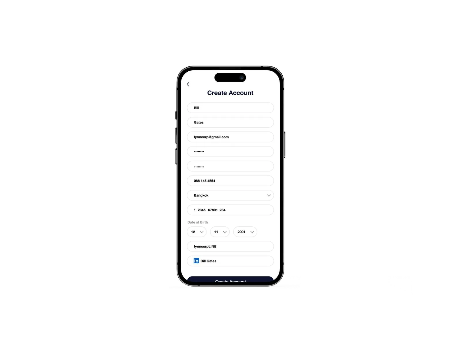 Create account screen