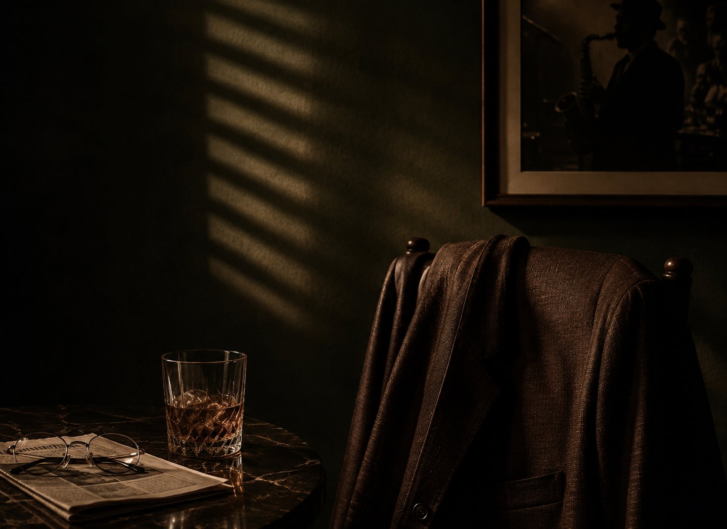A quiet corner of an upscale jazz bar — low green light, a whisky and a folded newspaper on marble, a tweed jacket over the chair, a framed saxophonist above