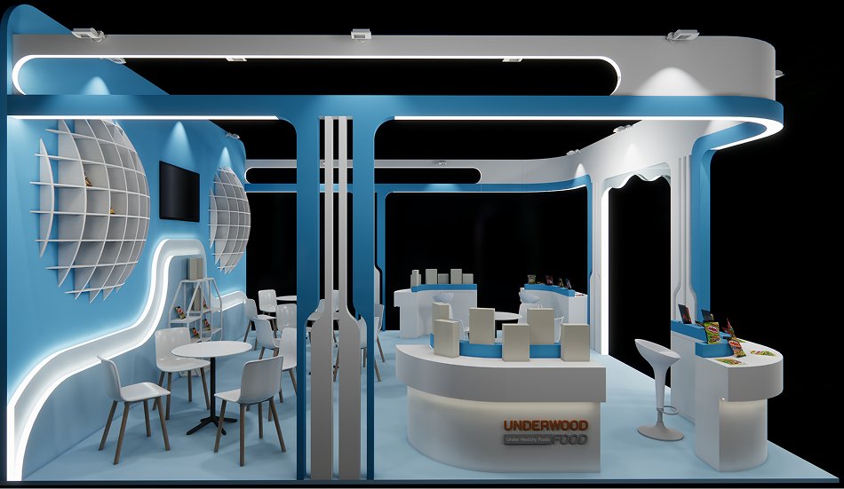 Interior render showing the lattice spheres and lit wave line